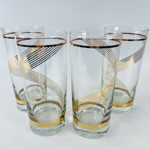 Set of 4 VTG Culver Highball Glasses 22K Gold Stripe Swirl Tumblers Barware MCM